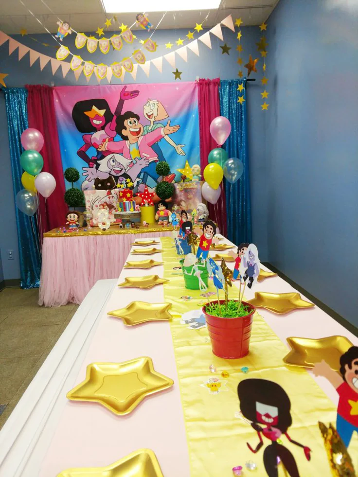 Steven Universe birthday invitation with Crystal Gems, pink stars, gemstones, and pastel galaxy background