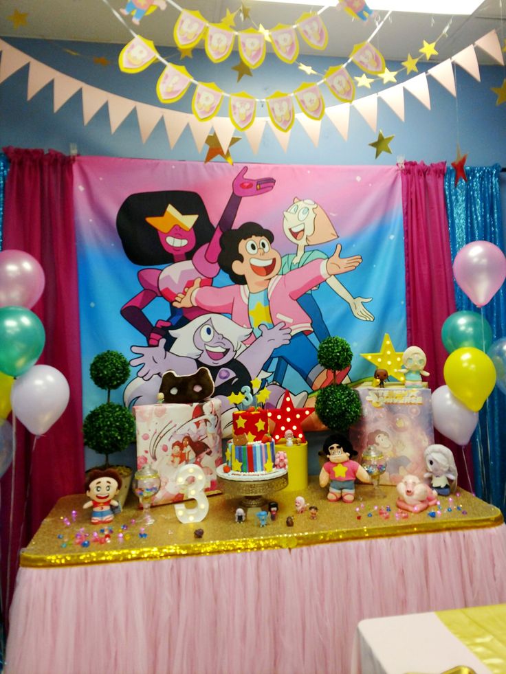 Cartoon-inspired Steven Universe birthday invitation featuring Crystal Gems and magical pastel crystal elements