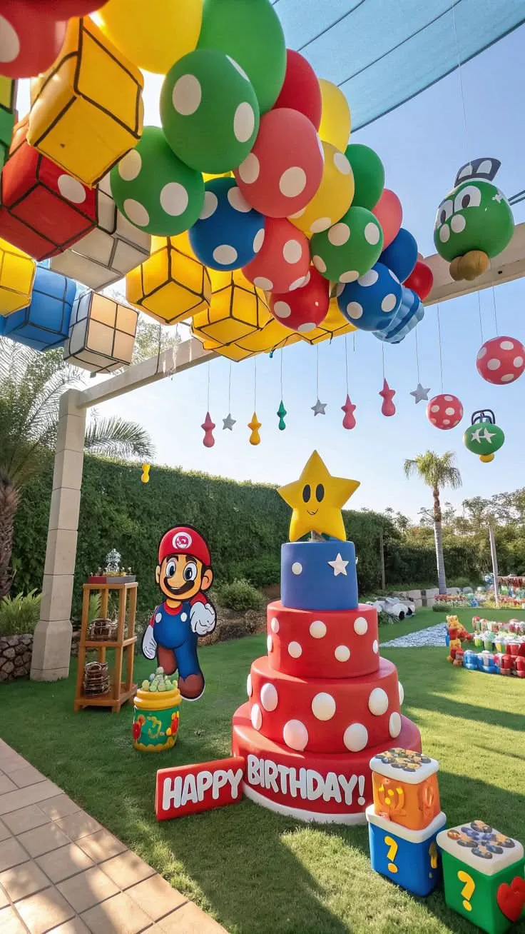 Editable Super Mario Bros Invitation featuring Princess Peach, Yoshi, stars, mushrooms, and brick block elements