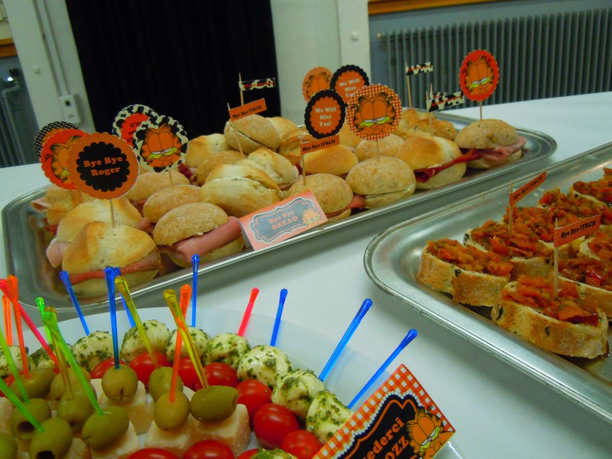 Garfield invitations with orange comic theme, lasagna illustrations, paw prints, and playful speech bubbles