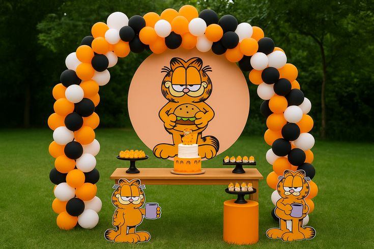Cartoon Garfield invitation with fun speech bubbles, bold comic typography, blue stars, and orange party elements