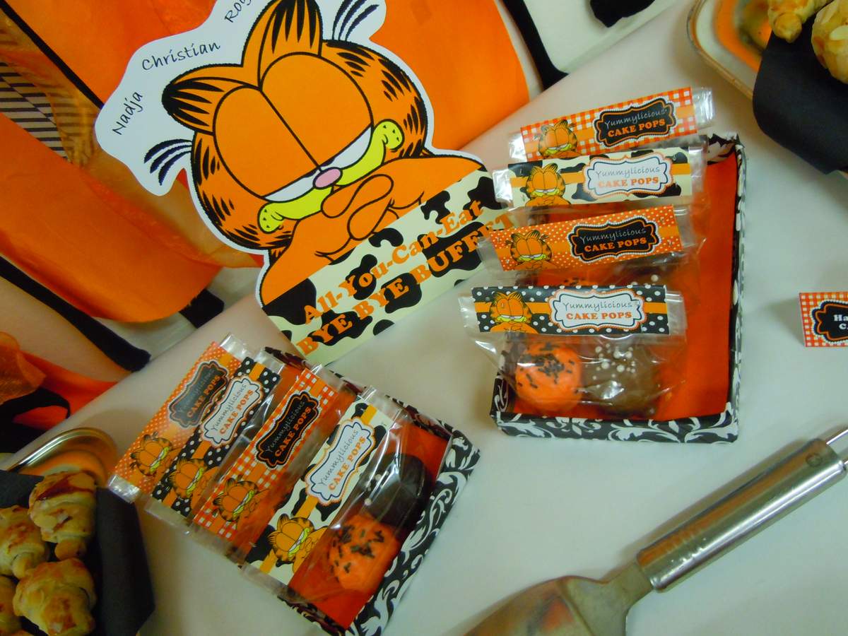 Garfield-themed invitation template featuring orange color palette, comic book effects, paw prints, and lasagna-inspired details