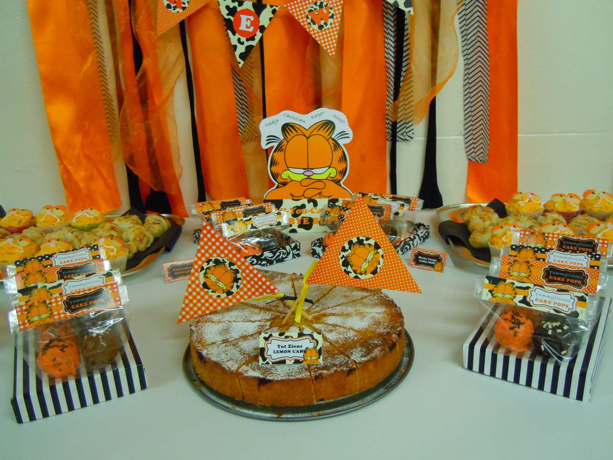Cute Garfield birthday invite decorated with Garfield and Friends characters, comic strip elements, and playful party graphics