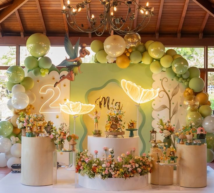 Free Tinker Bell Canva invitation featuring fairy dust, mushrooms, lanterns, and wildflowers