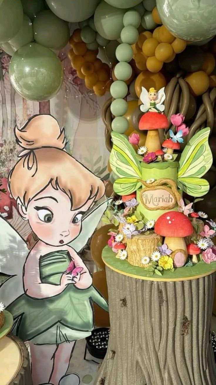 Tinker Bell invitation with fairy wings, Pixie Hollow flowers, butterflies, and green woodland accents