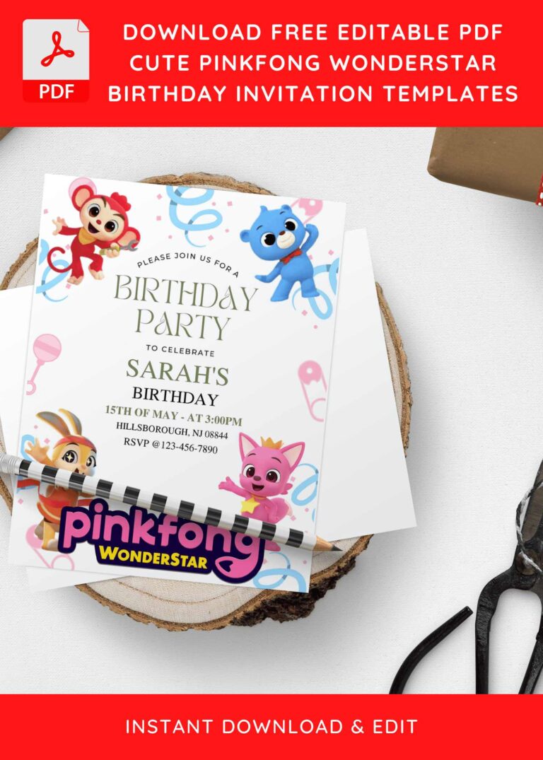 (Free Editable PDF) Lovely Pinkfong Wonderstar Birthday Invitation Templates with stock white background