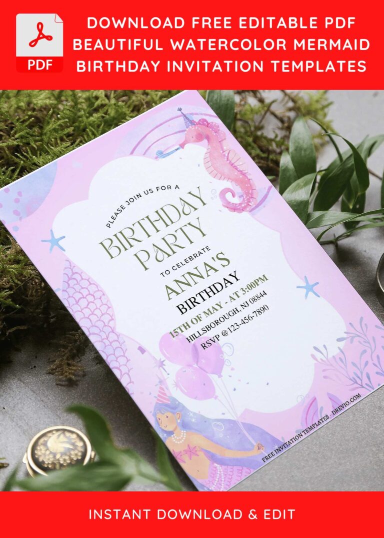 (Free Editable PDF) Beautiful Watercolor Mermaid Birthday Invitation Templates