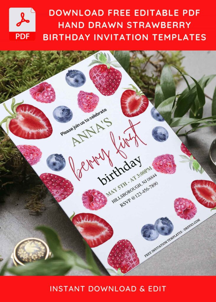 (Free Editable PDF) Strawberry First Birthday Invitation Templates