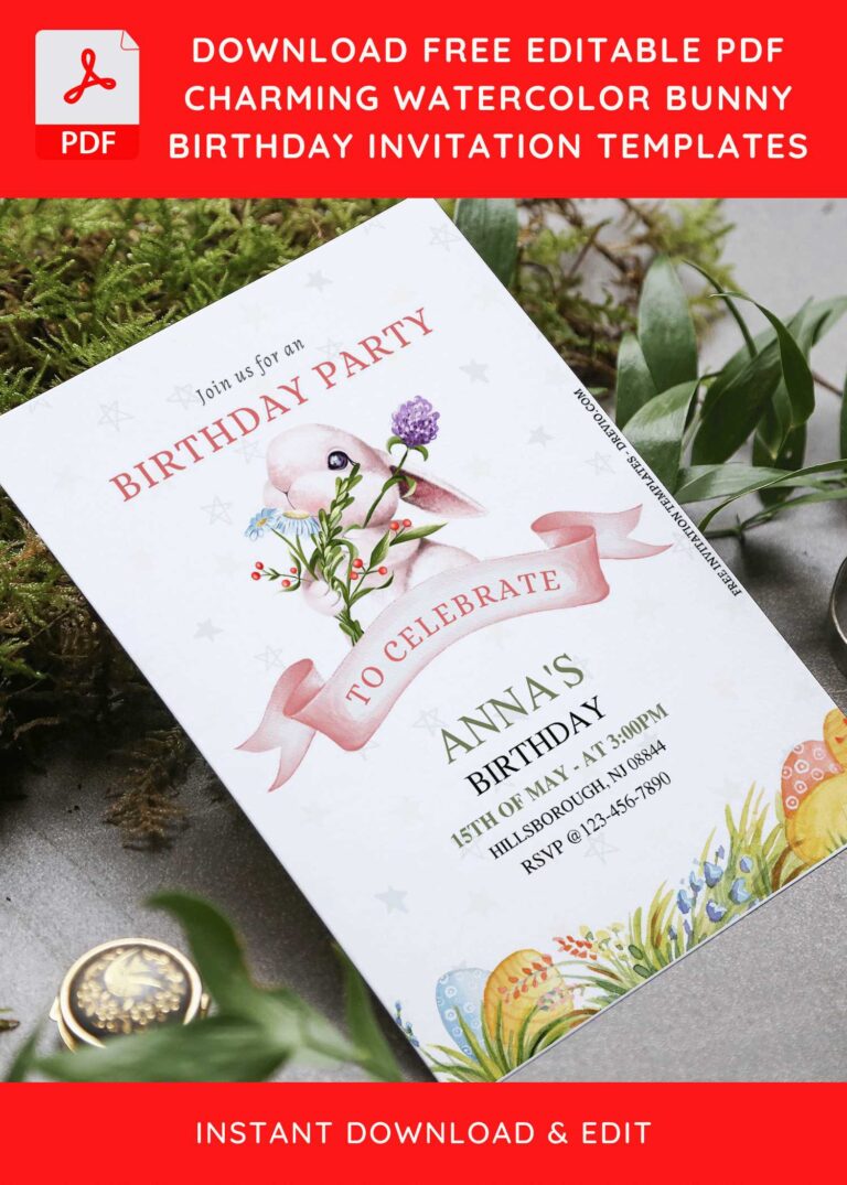 (Free Editable PDF) Watercolor Easter Bunny Birthday Invitation Templates