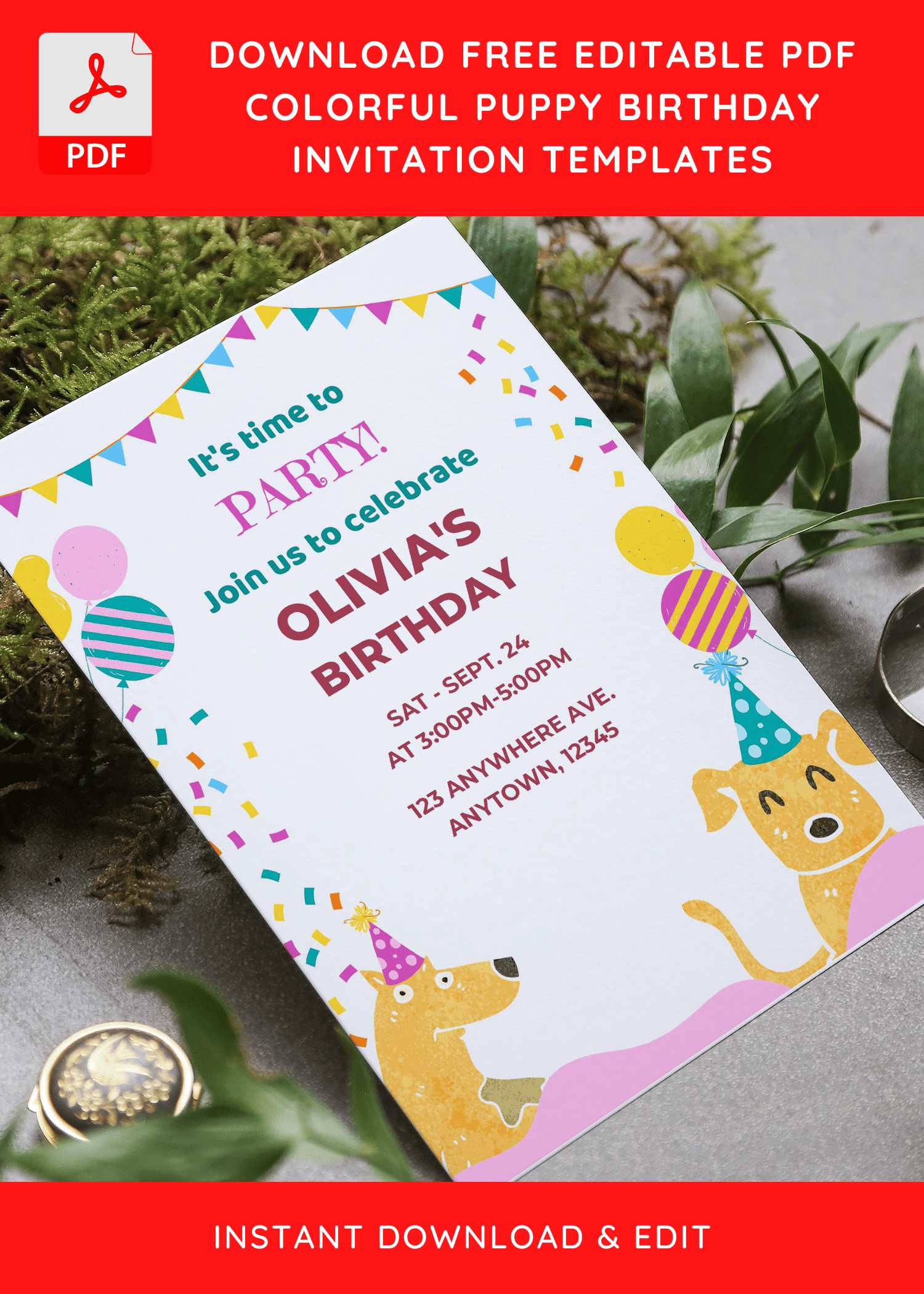 (Free Editable PDF) Festive Puppy Pawty Birthday Invitation Templates