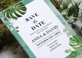 (Free Editable PDF) Exotic Greenery Monstera Wedding Invitation Templates