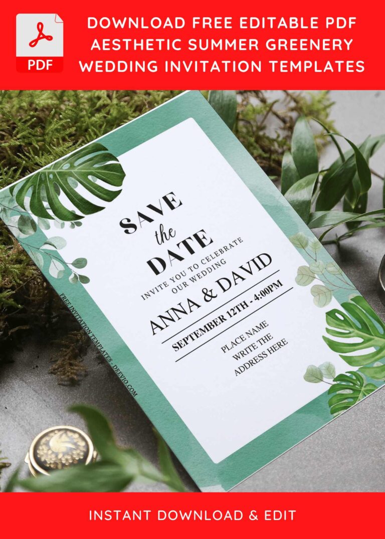 (Free Editable PDF) Exotic Greenery Monstera Wedding Invitation Templates