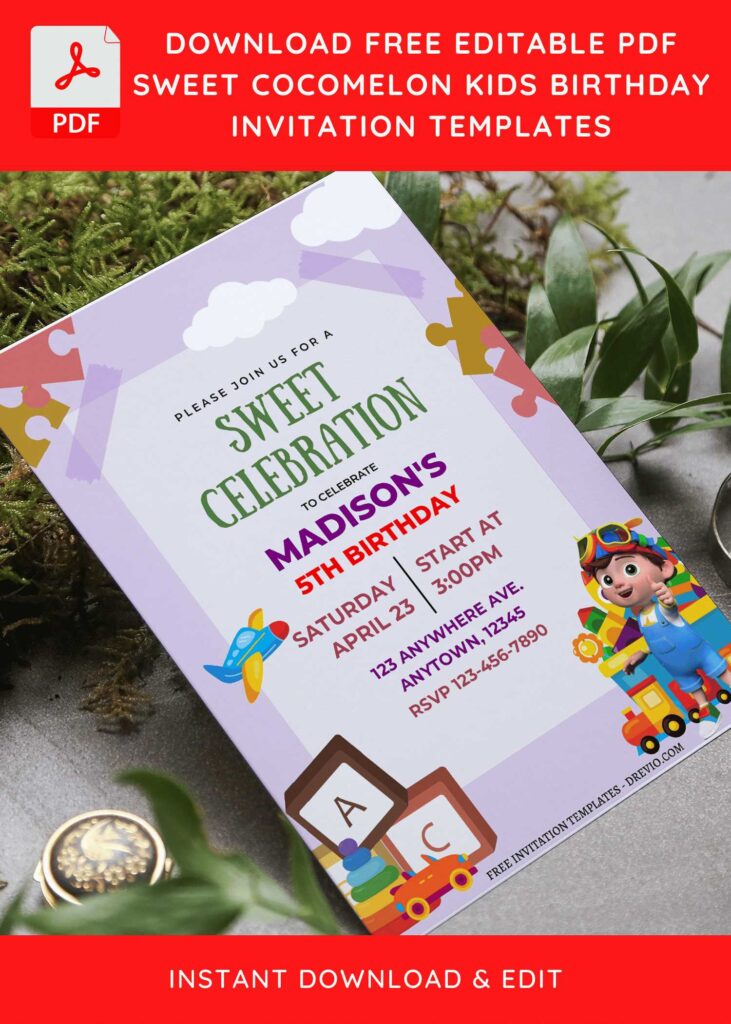 (Free Editable PDF) Nursery Cocomelon Birthday Invitation Templates F