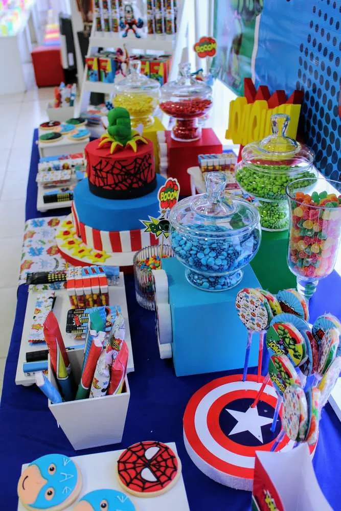 Avengers party invitation template with bold superhero theme, comic panels, hero badges, and colorful birthday celebration details