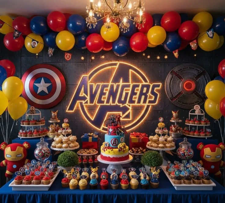 Avengers birthday invitation featuring superhero team graphics, comic-style bursts, red blue and black colors, and action-inspired design elements