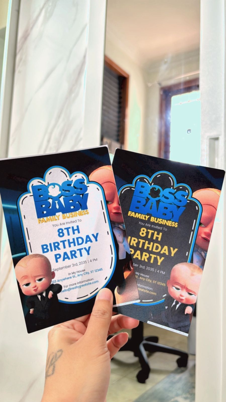 Birthday invitation mockup with Boss Baby character centerpiece, playful corporate-style icons, and spaced modern layout composition