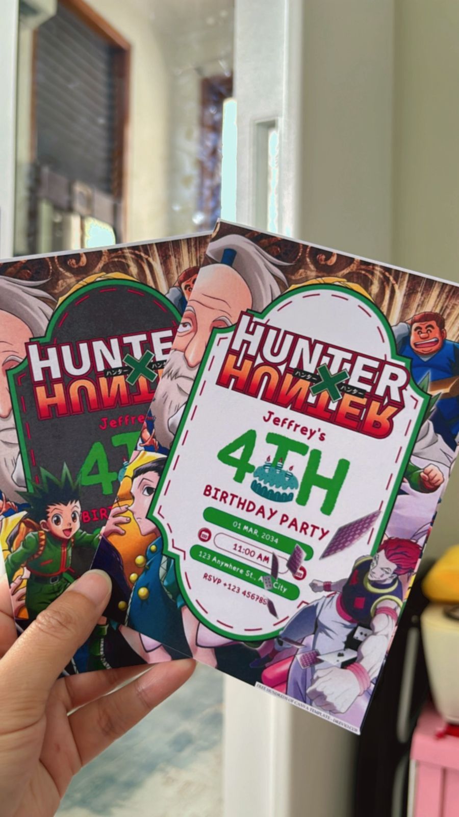 Hunter x Hunter birthday invitation template with green anime theme and Gon character