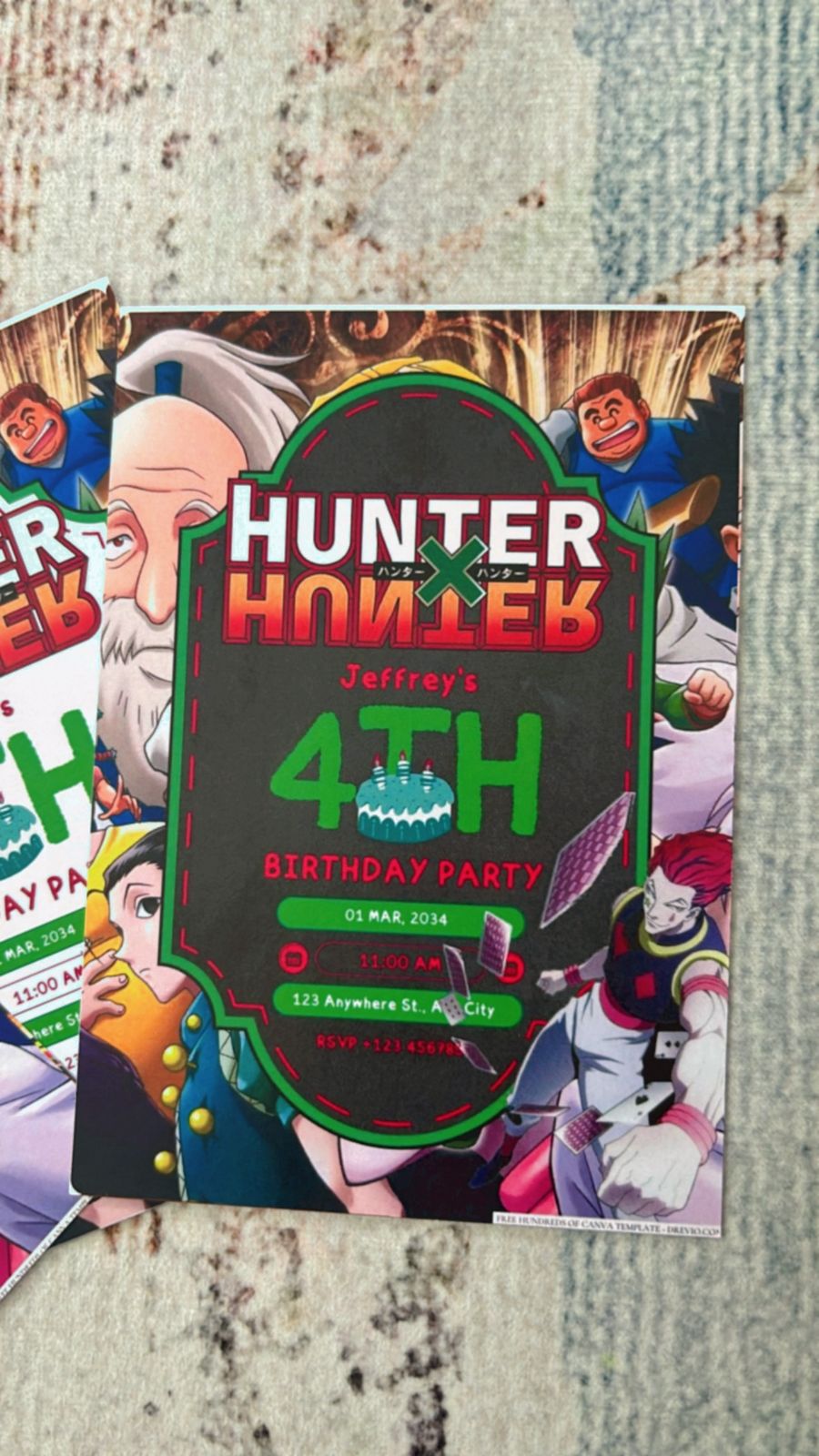 Editable Hunter x Hunter Canva invite with bold green layout and party details