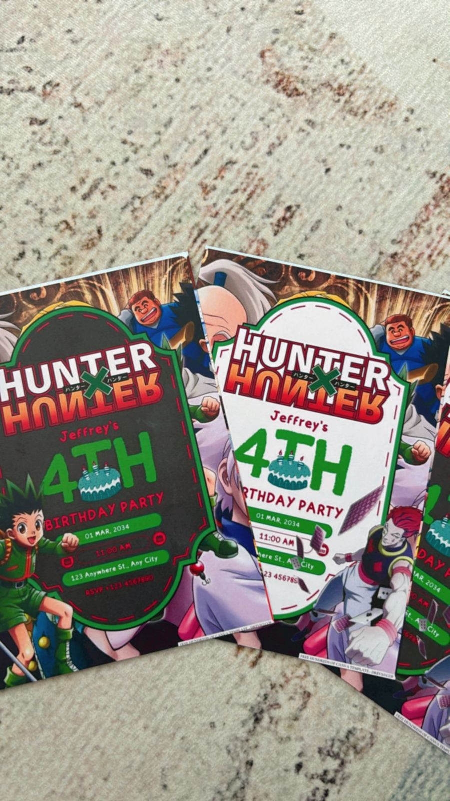 Printed Hunter x Hunter birthday invitation on matte cardstock with anime design