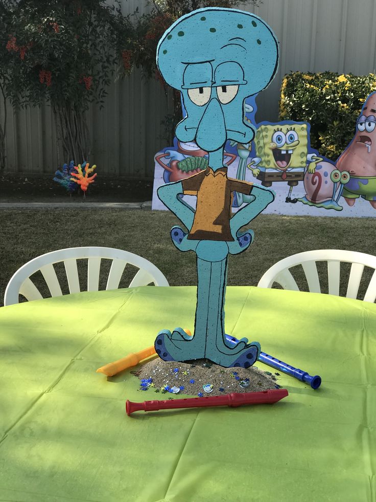Squidward Invitation Canva template featuring grumpy Squidward character, underwater bubbles, jellyfish accents, and ocean birthday details