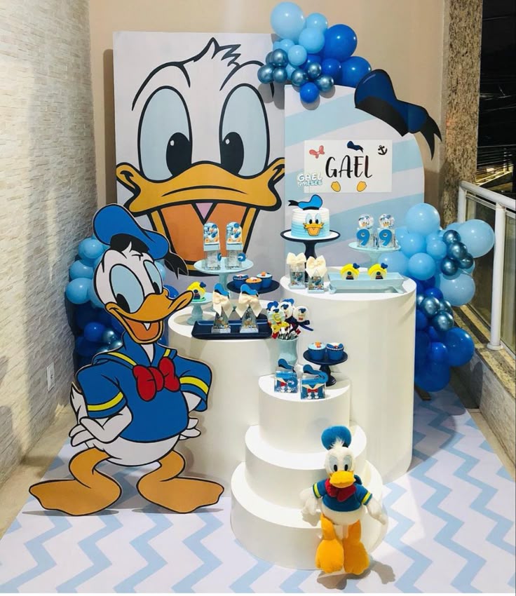 Donald Duck Canva birthday invite with nautical stripes, rope borders, blue waves, and party confetti