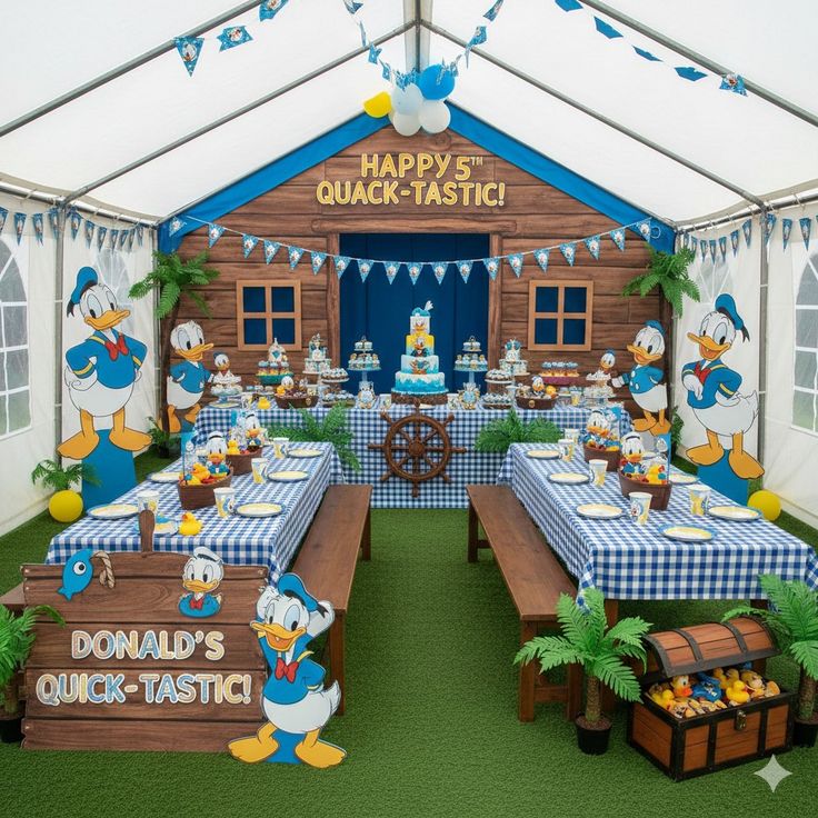 Donald Duck birthday invitation with blue sailor theme, yellow stars, balloons, and confetti