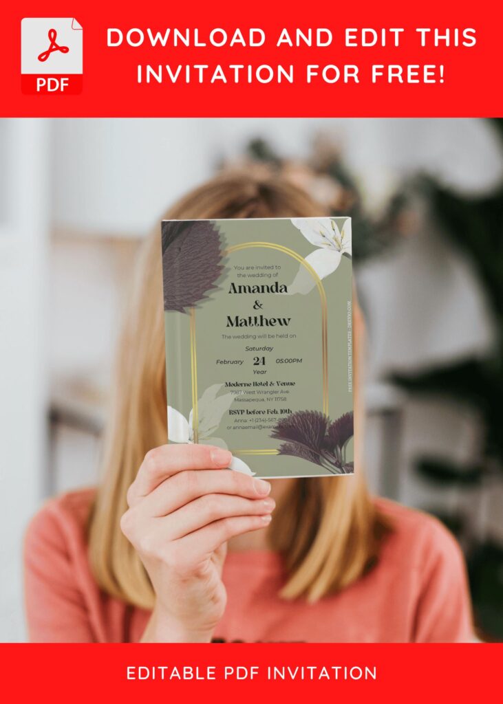 (Free Editable PDF) Olive Green Floral Wedding Invitation Templates