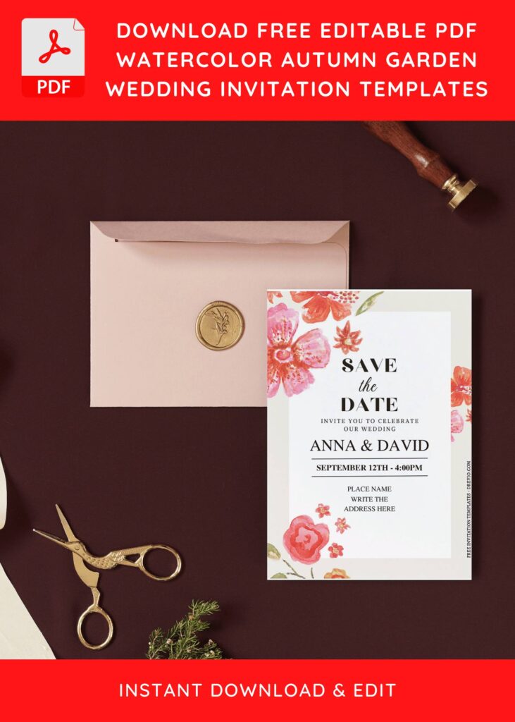 (Free Editable PDF) Watercolor Autumn Garden Wedding Invitation Templates I