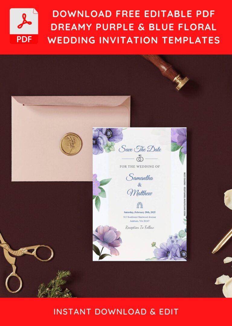 (Free Editable PDF) Dreamy Watercolor Purple & Blue Floral Wedding Invitation