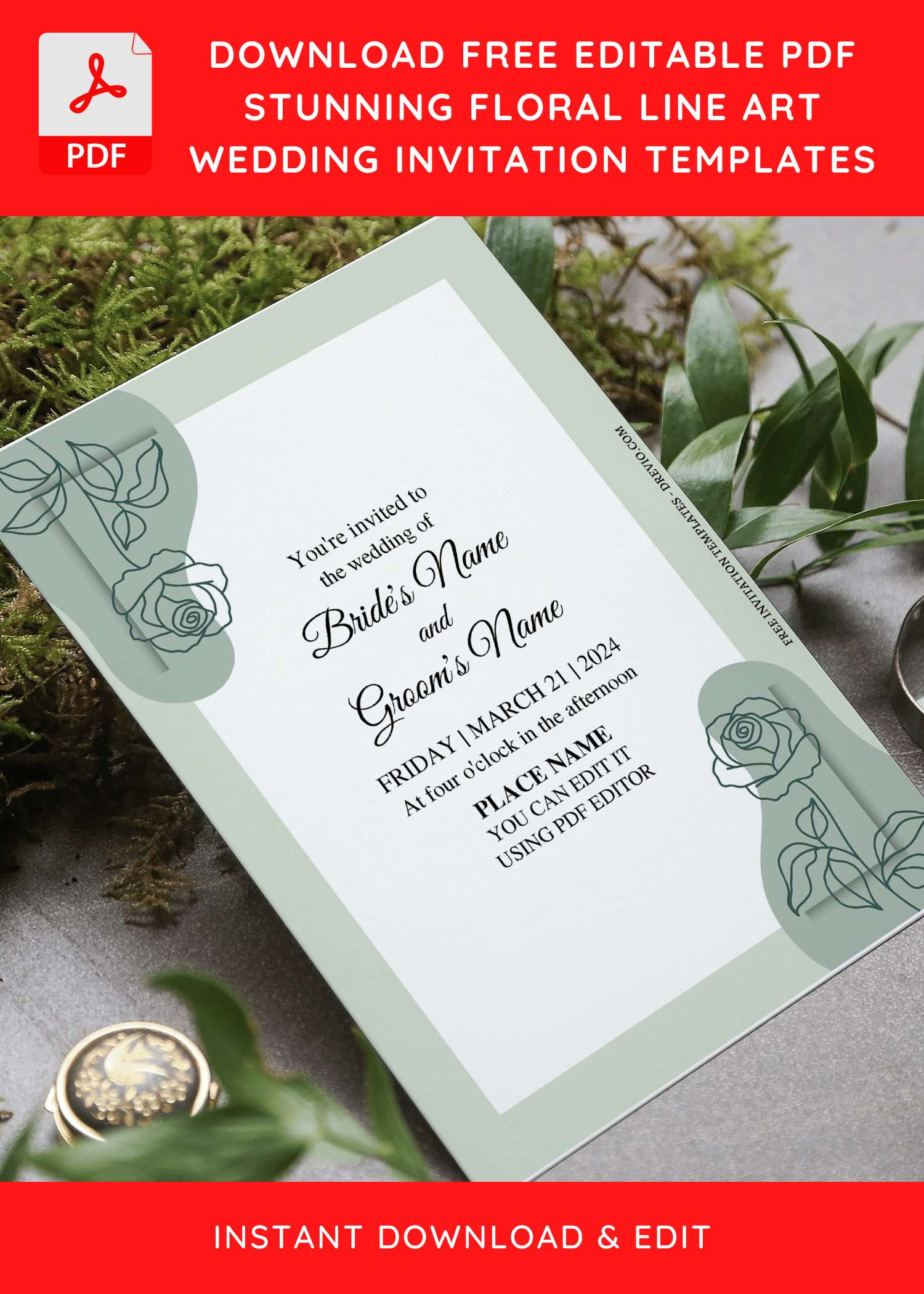 (Free Editable PDF) Botanical Floral Line Art Wedding Invitation Templates