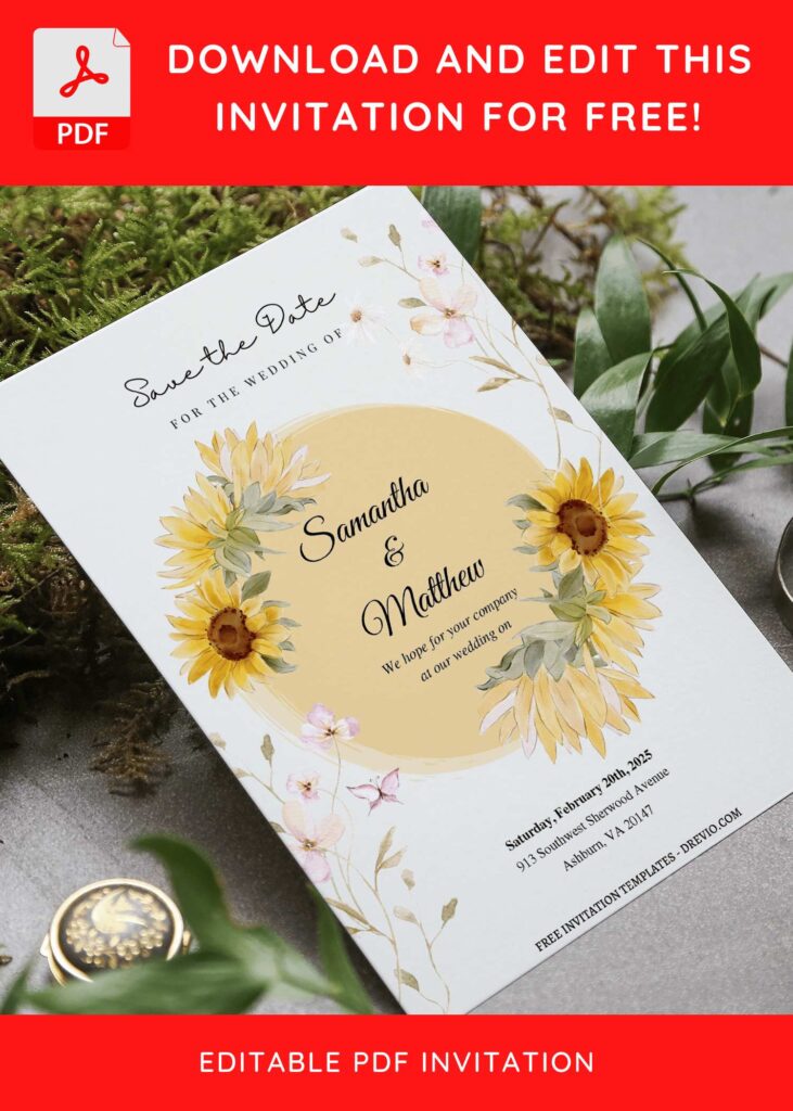 (Free Editable PDF) Striking Serene Sunflower Wedding Invitation Templates