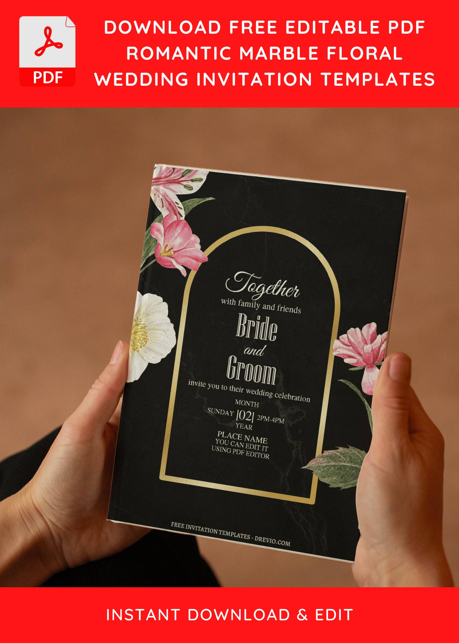 (Free Editable PDF) Granite Marble Floral Wedding Invitation Templates