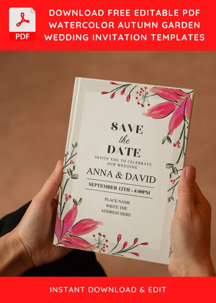 (Free Editable PDF) Watercolor Autumn Garden Wedding Invitation Templates E