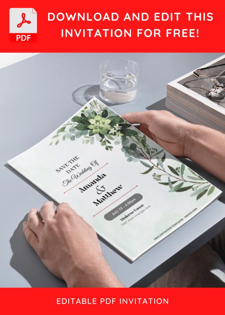 (Free Editable PDF) Greenery And Floral Border Wedding Invitation Templates with watercolor floral decoration