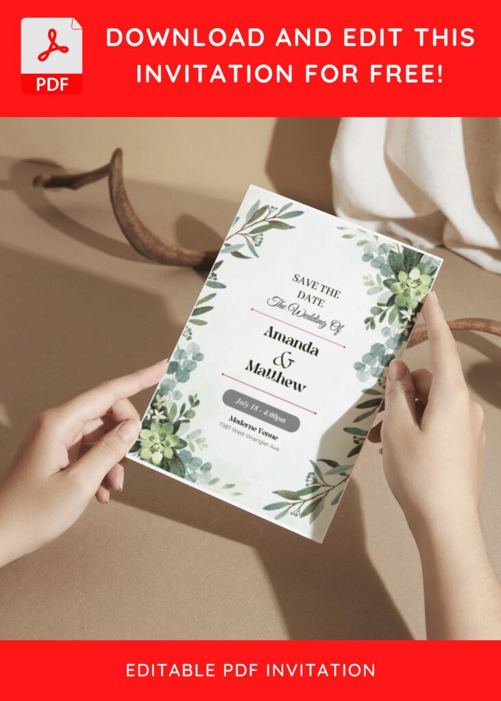(Free Editable PDF) Greenery And Floral Border Wedding Invitation Templates with pre-written text