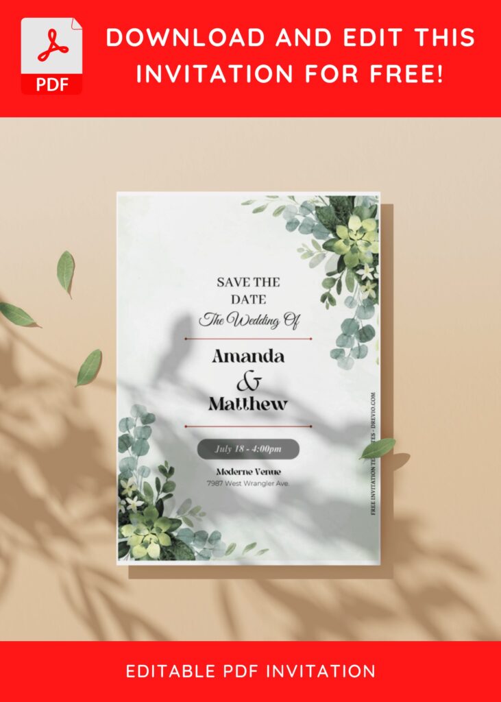 (Free Editable PDF) Greenery And Floral Border Wedding Invitation Templates with stock white background