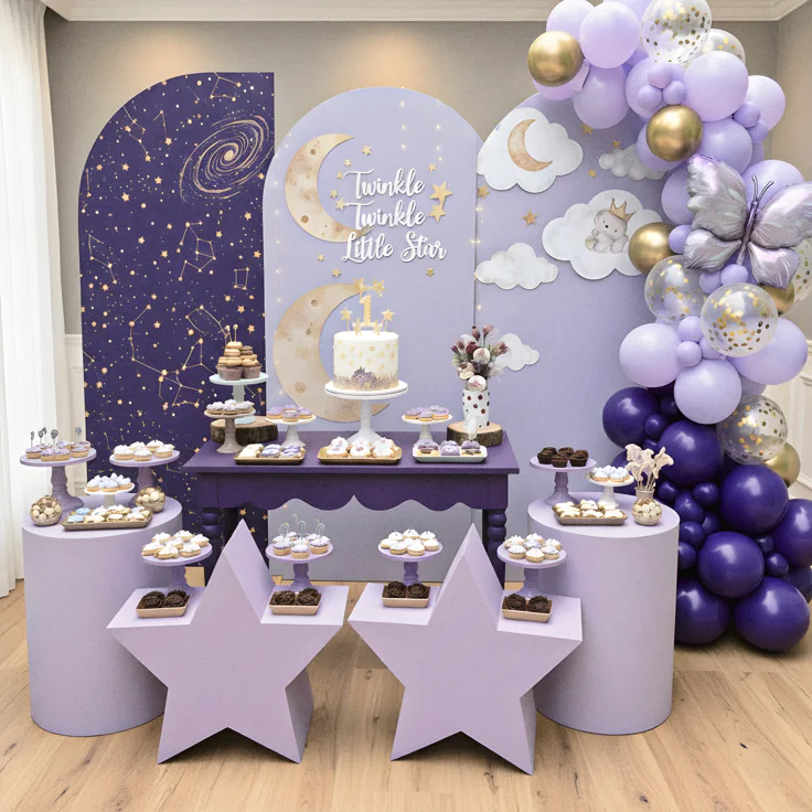 Cute baby birthday invitation design with watercolor stars, smiling moon, fluffy clouds, and soft pastel celestial elements