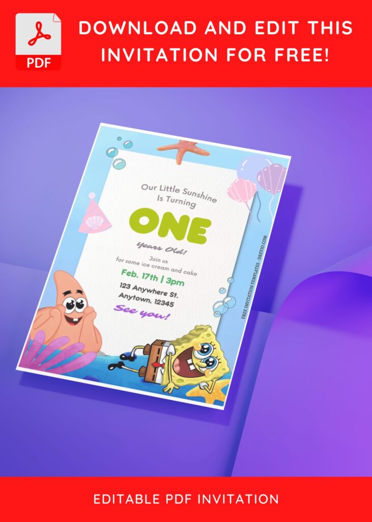 (Free Editable PDF) Bubbly Birthday Blast SpongeBob Birthday Invitation Templates J