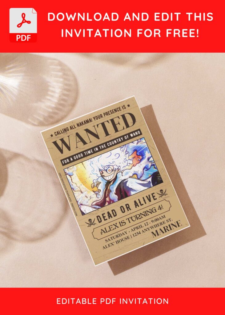 (Free Editable PDF) One Piece Luffy Gear 5 Birthday Invitation Templates G