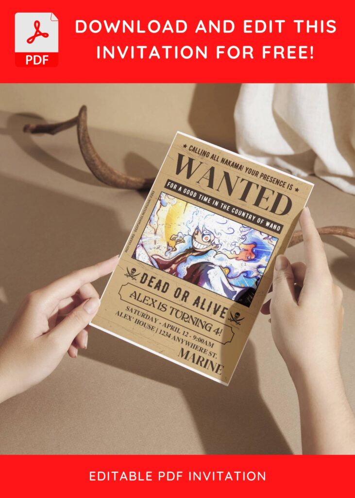 (Free Editable PDF) One Piece Luffy Gear 5 Birthday Invitation Templates with treasure map style background