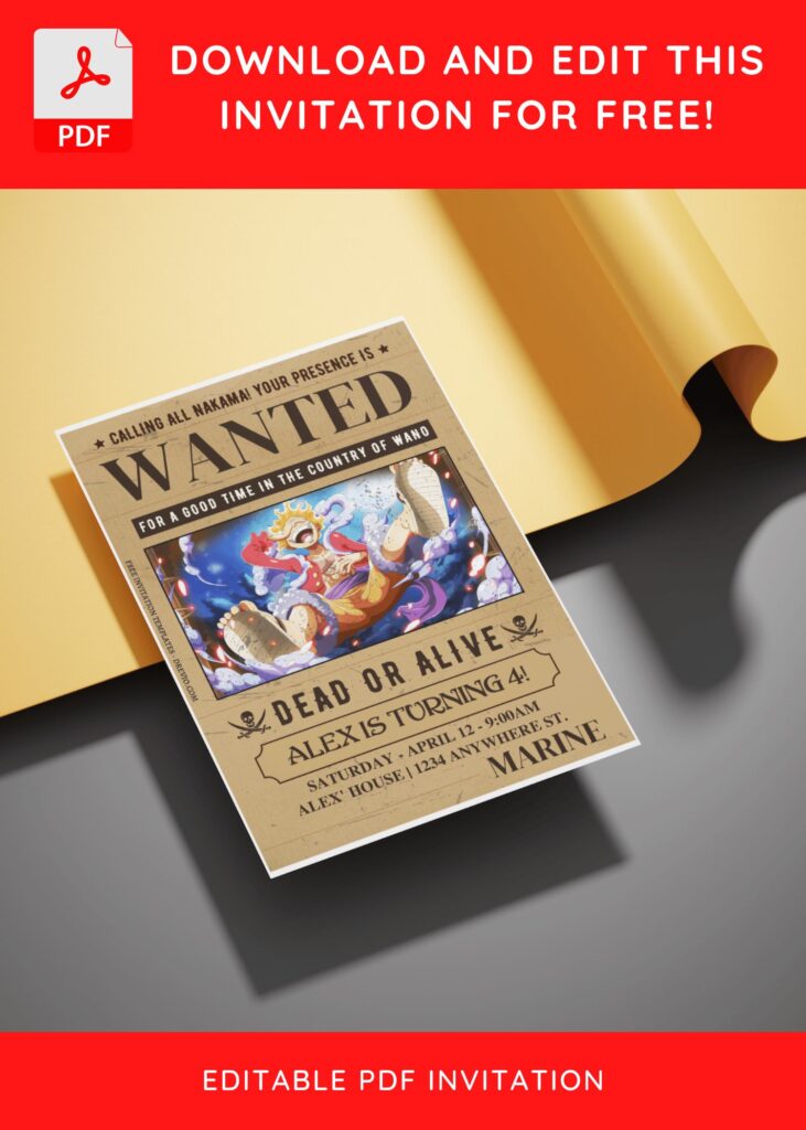 (Free Editable PDF) One Piece Luffy Gear 5 Birthday Invitation Templates E