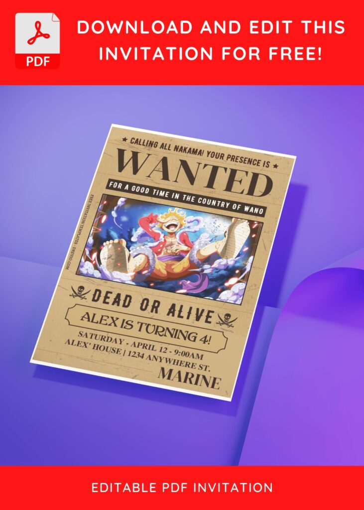 (Free Editable PDF) One Piece Luffy Gear 5 Birthday Invitation Templates with Luffy New Bounty