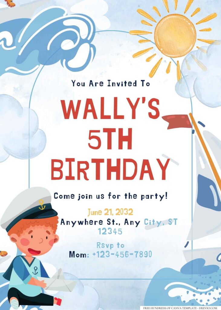 FREE Editable Little Sailor Birthday Invitation