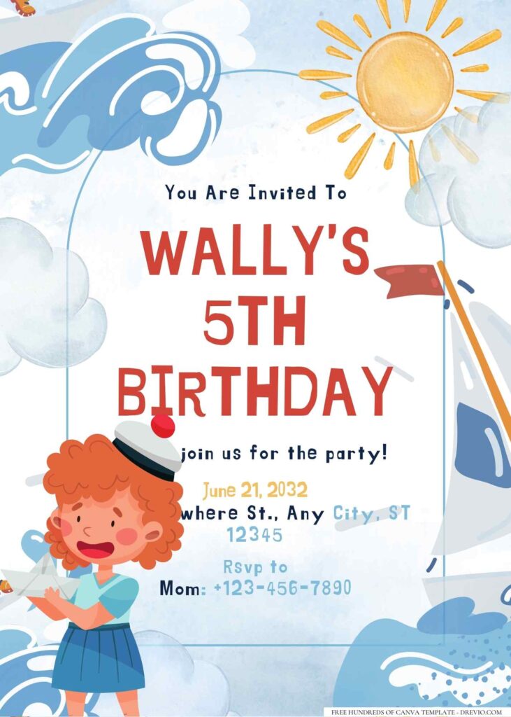 FREE Editable Little Sailor Birthday Invitation