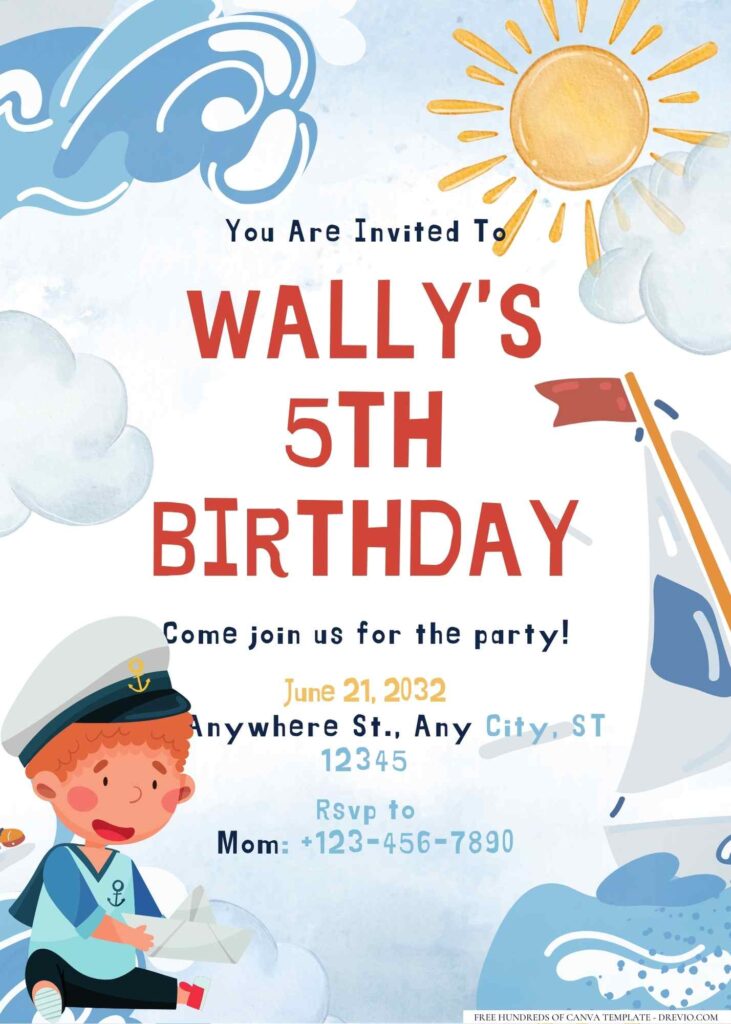 FREE Editable Little Sailor Birthday Invitation