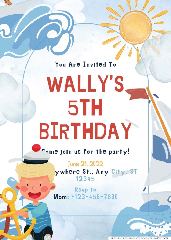 FREE Editable Little Sailor Birthday Invitation