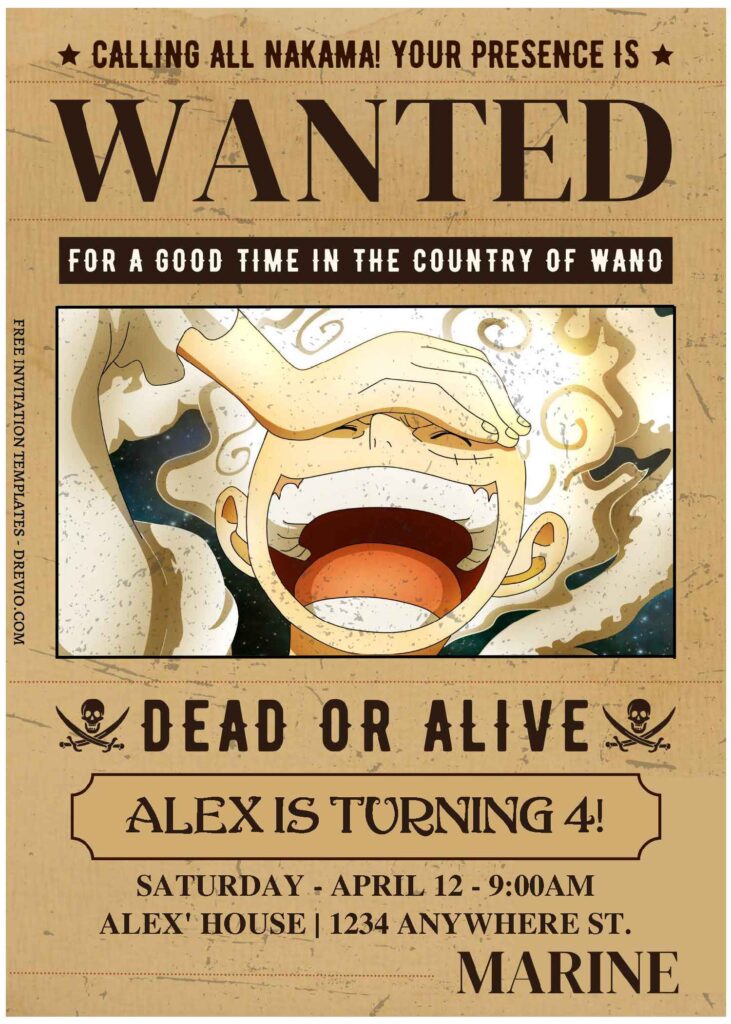 (Free Editable PDF) One Piece Luffy Gear 5 Birthday Invitation Templates A