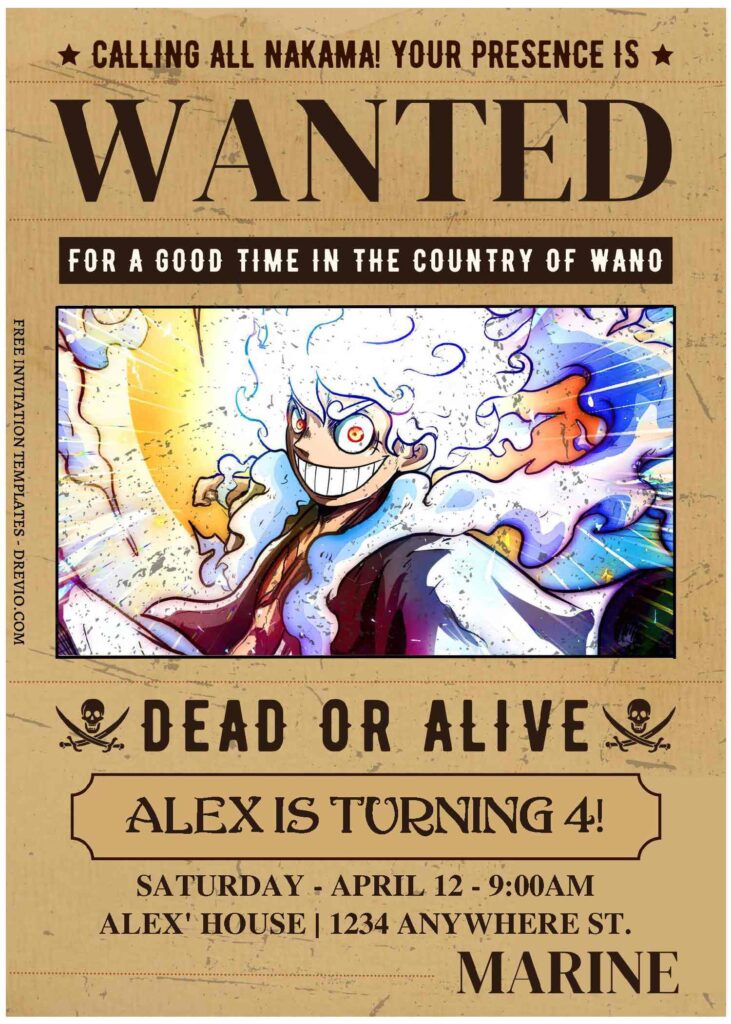 (Free Editable PDF) One Piece Luffy Gear 5 Birthday Invitation Templates C