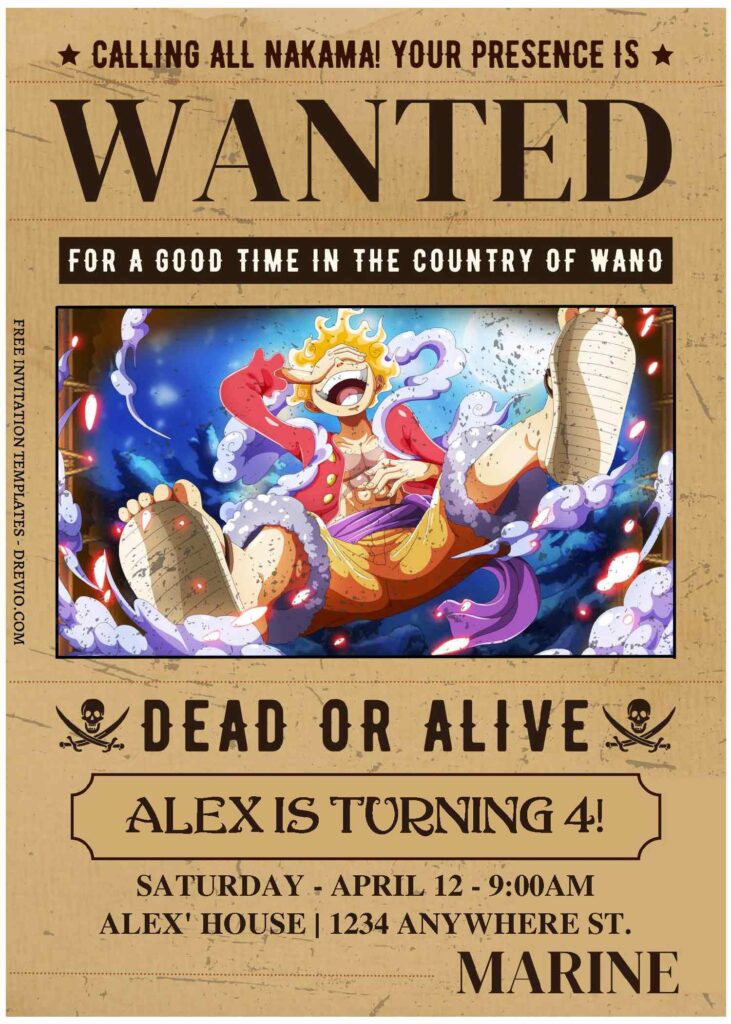 (Free Editable PDF) One Piece Luffy Gear 5 Birthday Invitation Templates with Luffy Gear 5 anime picture