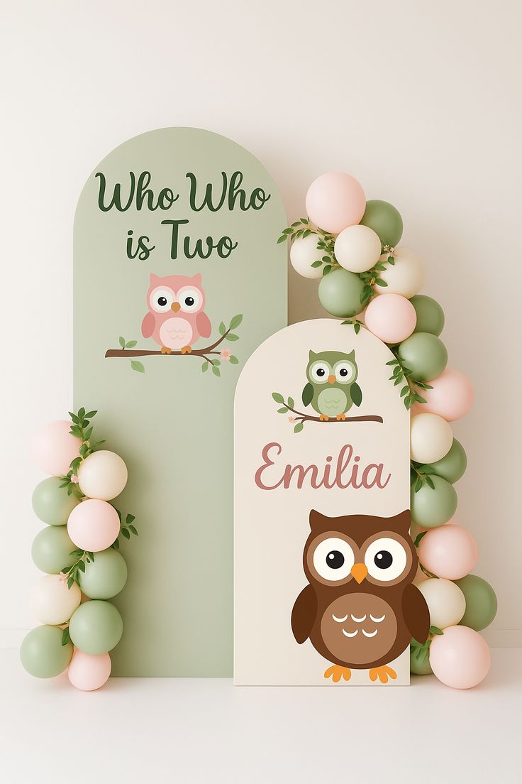 Cute owl invitation template featuring sage green leaves, wildflowers, pine trees, and cozy woodland elements